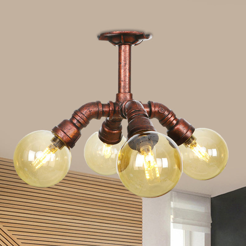 Farmhouse Global Semi Mount Lighting 4/5/6-Light Amber Glass LED Flush Lamp Fixture in Copper Copper B Clearhalo 'Ceiling Lights' 'Close To Ceiling Lights' 'Close to ceiling' 'Glass shade' 'Glass' 'Pendant Lights' 'Semi-flushmount' Lighting' 756842