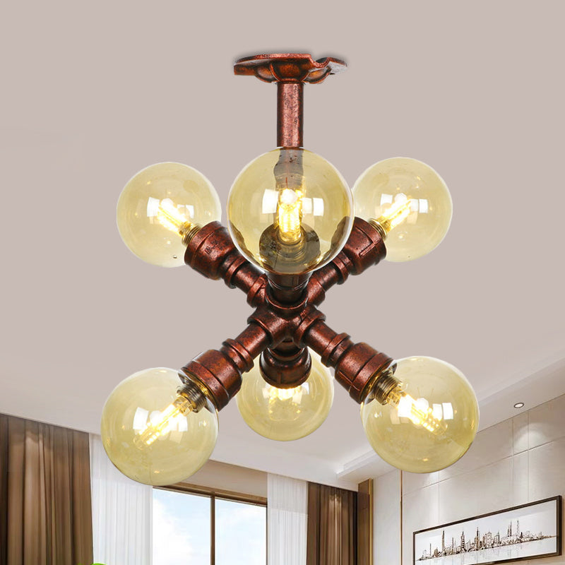 Farmhouse Global Semi Mount Lighting 4/5/6-Light Amber Glass LED Flush Lamp Fixture in Copper Copper D Clearhalo 'Ceiling Lights' 'Close To Ceiling Lights' 'Close to ceiling' 'Glass shade' 'Glass' 'Pendant Lights' 'Semi-flushmount' Lighting' 756852