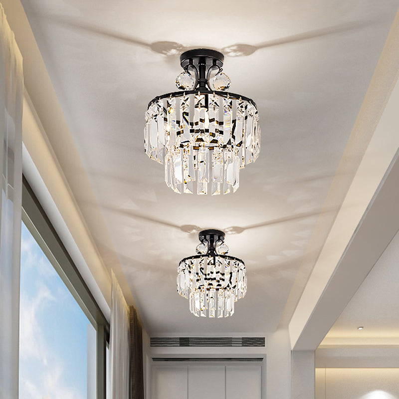 1-Light Semi Mount Lighting Rectangular-Cut Crystal Modern Hallway Ceiling Lamp with 2-Tier Round Shade Clearhalo 'Ceiling Lights' 'Close To Ceiling Lights' 'Close to ceiling' 'Semi-flushmount' Lighting' 756862