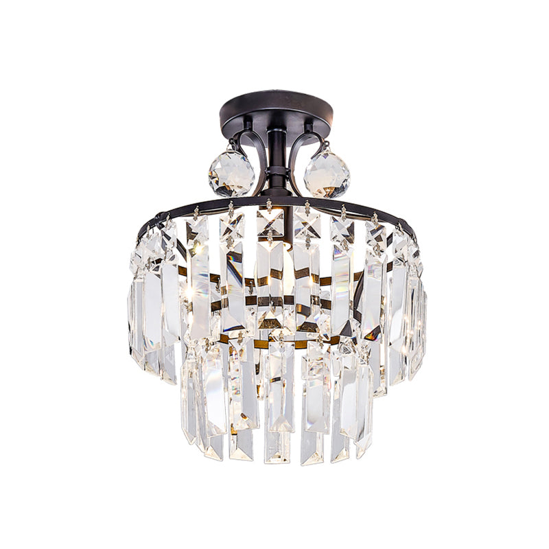 1-Light Semi Mount Lighting Rectangular-Cut Crystal Modern Hallway Ceiling Lamp with 2-Tier Round Shade Clearhalo 'Ceiling Lights' 'Close To Ceiling Lights' 'Close to ceiling' 'Semi-flushmount' Lighting' 756863