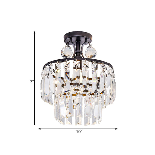 1-Light Semi Mount Lighting Rectangular-Cut Crystal Modern Hallway Ceiling Lamp with 2-Tier Round Shade Clearhalo 'Ceiling Lights' 'Close To Ceiling Lights' 'Close to ceiling' 'Semi-flushmount' Lighting' 756864
