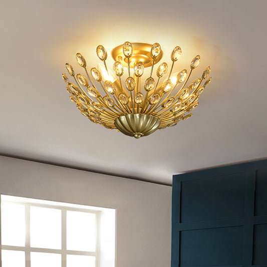 Gold 3-Bulb Semi Flush Light Vintage Crystal Bowl Shaped Ceiling Mount Lamp for Bedroom Gold Clearhalo 'Ceiling Lights' 'Close To Ceiling Lights' 'Close to ceiling' 'Semi-flushmount' Lighting' 756869