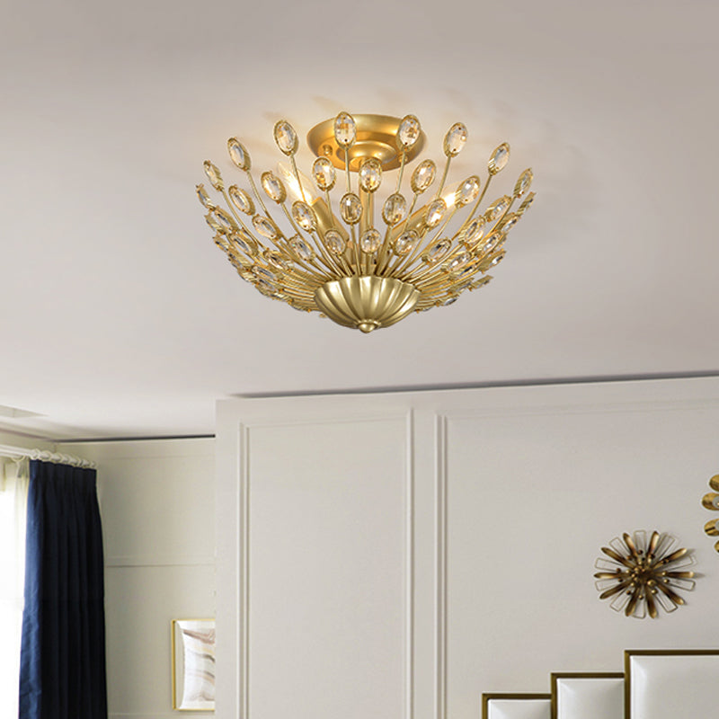 Gold 3-Bulb Semi Flush Light Vintage Crystal Bowl Shaped Ceiling Mount Lamp for Bedroom Clearhalo 'Ceiling Lights' 'Close To Ceiling Lights' 'Close to ceiling' 'Semi-flushmount' Lighting' 756870