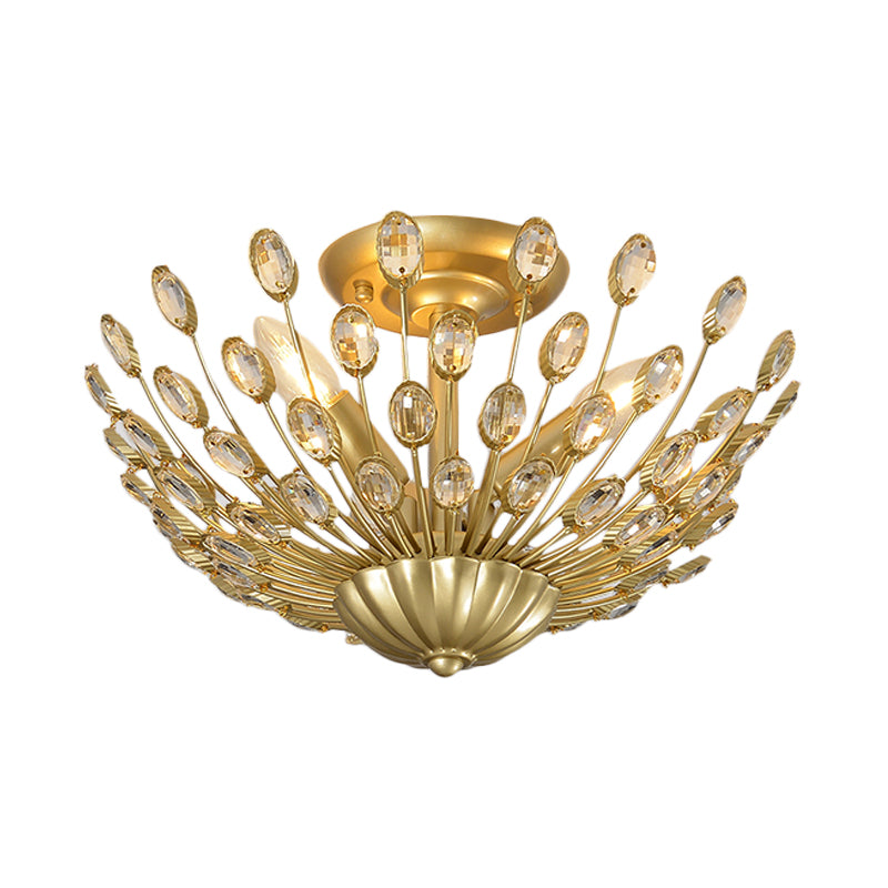 Gold 3-Bulb Semi Flush Light Vintage Crystal Bowl Shaped Ceiling Mount Lamp for Bedroom Clearhalo 'Ceiling Lights' 'Close To Ceiling Lights' 'Close to ceiling' 'Semi-flushmount' Lighting' 756871