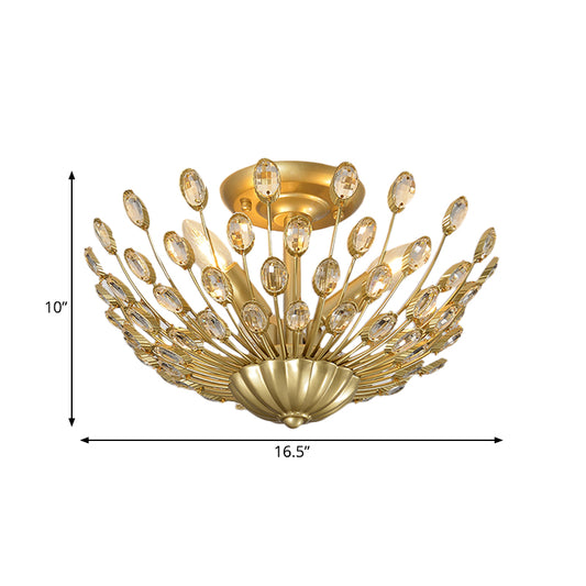 Gold 3-Bulb Semi Flush Light Vintage Crystal Bowl Shaped Ceiling Mount Lamp for Bedroom Clearhalo 'Ceiling Lights' 'Close To Ceiling Lights' 'Close to ceiling' 'Semi-flushmount' Lighting' 756872