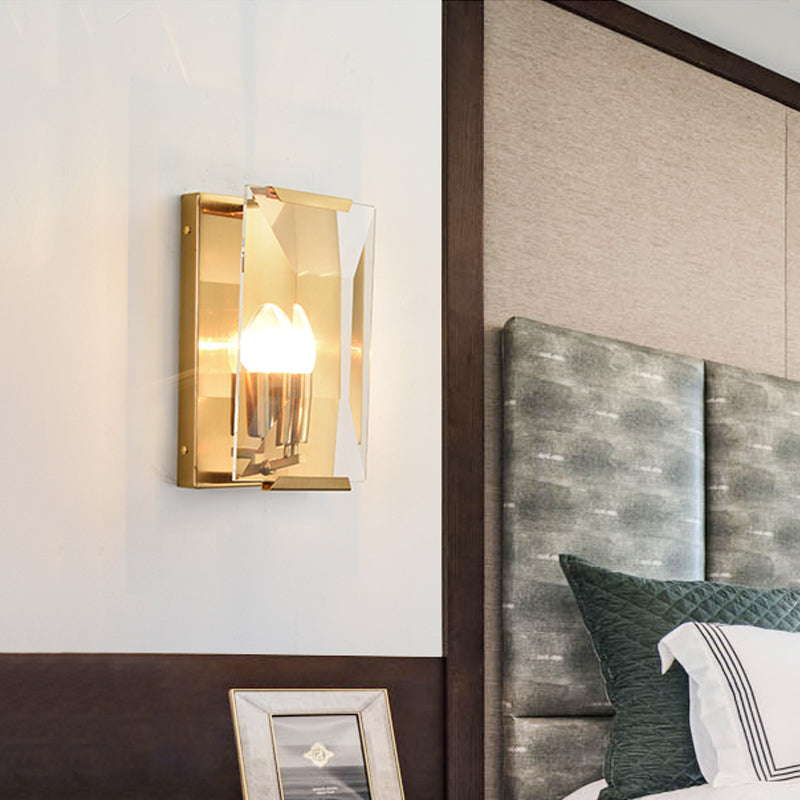 Mid Century Rectangle Wall Sconce 1-Light Metal Wall Mounted Fixture in Brass with Trapezoid Clear/Seedy Crystal Shield Brass A Clearhalo 'Cast Iron' 'Glass' 'Industrial' 'Modern wall lights' 'Modern' 'Tiffany' 'Traditional wall lights' 'Wall Lamps & Sconces' 'Wall Lights' Lighting' 756946