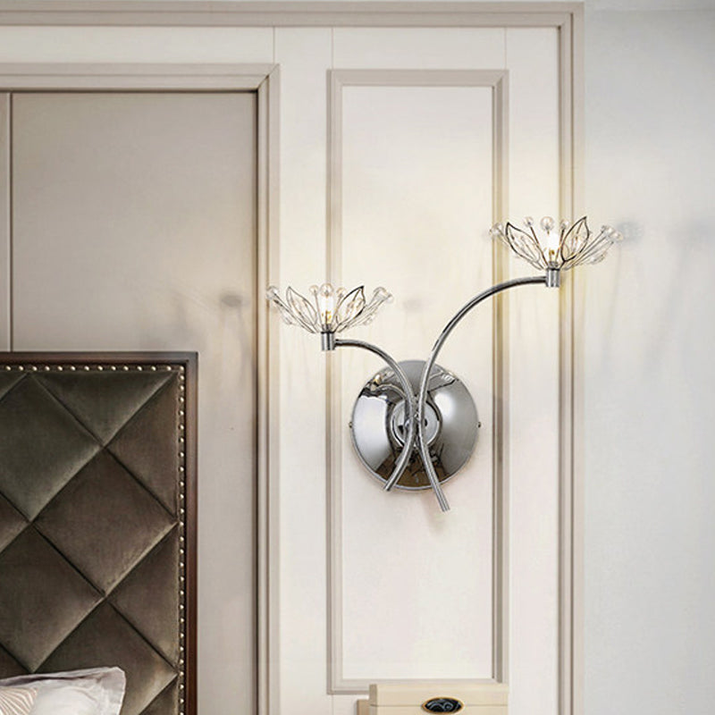 Chrome Flower Wall Mounted Lamp Modern Iron 2 Bulbs Bedside Sconce with Crystal Stamen Clearhalo 'Cast Iron' 'Glass' 'Industrial' 'Modern wall lights' 'Modern' 'Tiffany' 'Traditional wall lights' 'Wall Lamps & Sconces' 'Wall Lights' Lighting' 756964
