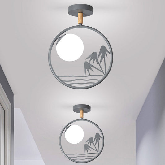 Iron Loop Semi Mount Lighting Macaron 1 Light White/Grey/Green Finish Ceiling Flush with Ball Opal Glass Shade Grey Clearhalo 'Ceiling Lights' 'Close To Ceiling Lights' 'Close to ceiling' 'Glass shade' 'Glass' 'Pendant Lights' 'Semi-flushmount' Lighting' 757063