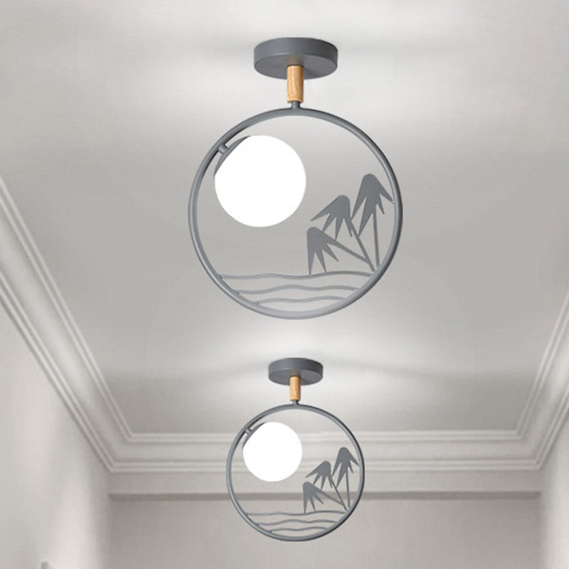 Iron Loop Semi Mount Lighting Macaron 1 Light White/Grey/Green Finish Ceiling Flush with Ball Opal Glass Shade Clearhalo 'Ceiling Lights' 'Close To Ceiling Lights' 'Close to ceiling' 'Glass shade' 'Glass' 'Pendant Lights' 'Semi-flushmount' Lighting' 757064