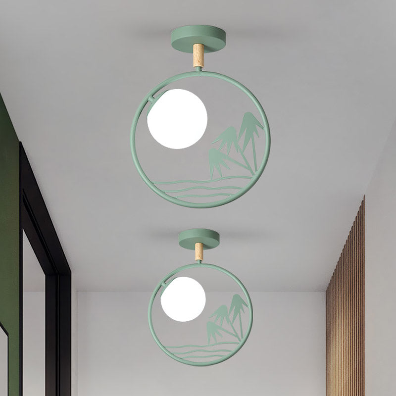 Iron Loop Semi Mount Lighting Macaron 1 Light White/Grey/Green Finish Ceiling Flush with Ball Opal Glass Shade Clearhalo 'Ceiling Lights' 'Close To Ceiling Lights' 'Close to ceiling' 'Glass shade' 'Glass' 'Pendant Lights' 'Semi-flushmount' Lighting' 757068