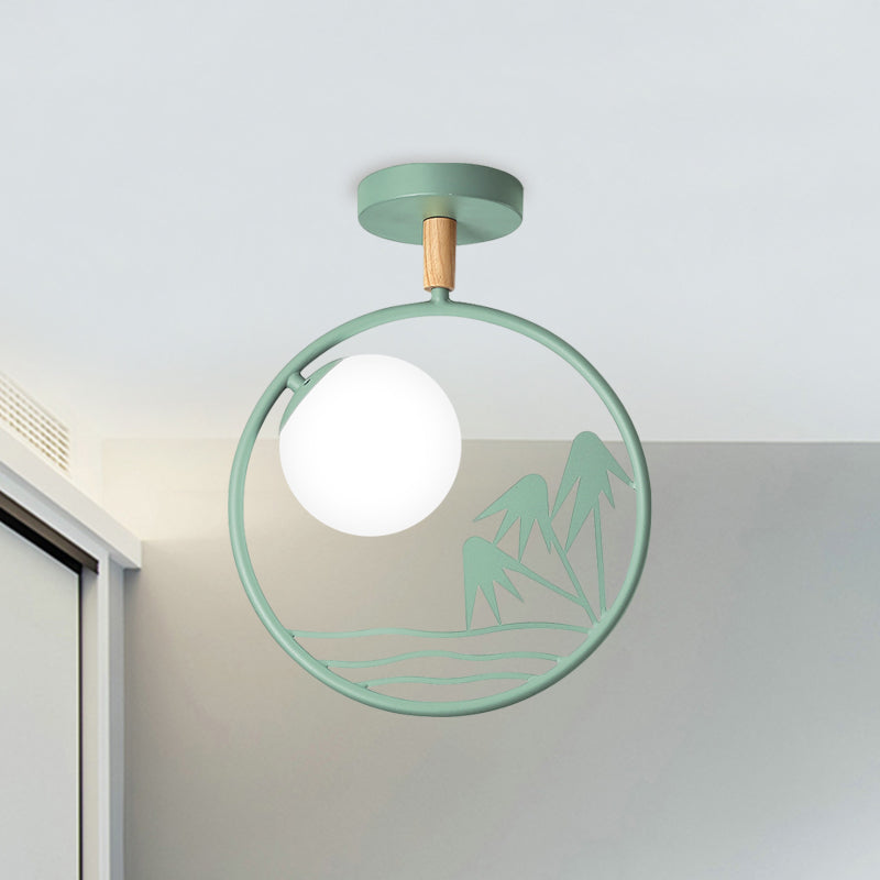 Iron Loop Semi Mount Lighting Macaron 1 Light White/Grey/Green Finish Ceiling Flush with Ball Opal Glass Shade Clearhalo 'Ceiling Lights' 'Close To Ceiling Lights' 'Close to ceiling' 'Glass shade' 'Glass' 'Pendant Lights' 'Semi-flushmount' Lighting' 757069