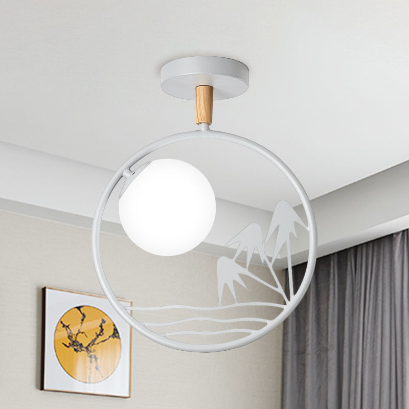 Iron Loop Semi Mount Lighting Macaron 1 Light White/Grey/Green Finish Ceiling Flush with Ball Opal Glass Shade White Clearhalo 'Ceiling Lights' 'Close To Ceiling Lights' 'Close to ceiling' 'Glass shade' 'Glass' 'Pendant Lights' 'Semi-flushmount' Lighting' 757071