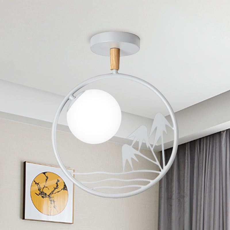 Iron Loop Semi Mount Lighting Macaron 1 Light White/Grey/Green Finish Ceiling Flush with Ball Opal Glass Shade White Clearhalo 'Ceiling Lights' 'Close To Ceiling Lights' 'Close to ceiling' 'Glass shade' 'Glass' 'Pendant Lights' 'Semi-flushmount' Lighting' 757071