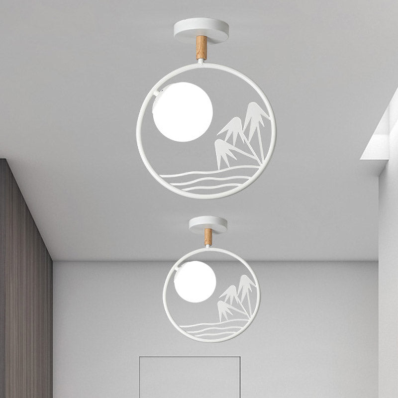 Iron Loop Semi Mount Lighting Macaron 1 Light White/Grey/Green Finish Ceiling Flush with Ball Opal Glass Shade Clearhalo 'Ceiling Lights' 'Close To Ceiling Lights' 'Close to ceiling' 'Glass shade' 'Glass' 'Pendant Lights' 'Semi-flushmount' Lighting' 757072