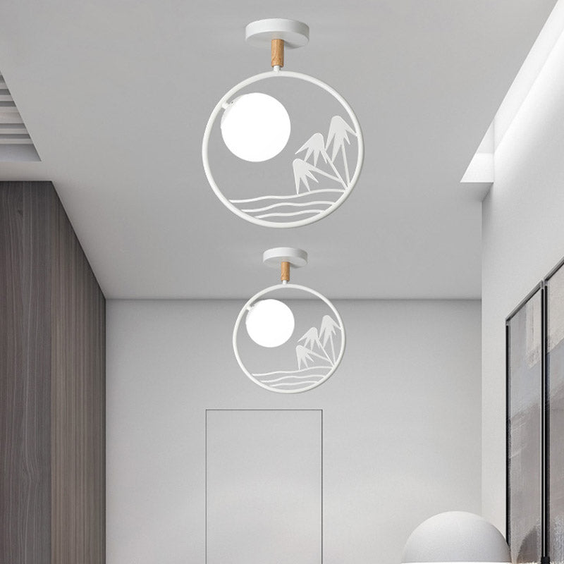 Iron Loop Semi Mount Lighting Macaron 1 Light White/Grey/Green Finish Ceiling Flush with Ball Opal Glass Shade Clearhalo 'Ceiling Lights' 'Close To Ceiling Lights' 'Close to ceiling' 'Glass shade' 'Glass' 'Pendant Lights' 'Semi-flushmount' Lighting' 757073