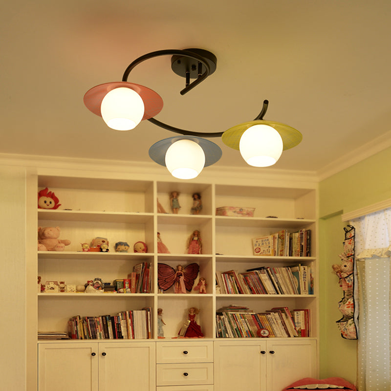 Saucer Semi Flush Light Modernist Red-Yellow-Blue Glass 3 Heads Black Spiral Flush Mount Lamp with Global Shade Red-Yellow-Blue Clearhalo 'Ceiling Lights' 'Close To Ceiling Lights' 'Close to ceiling' 'Glass shade' 'Glass' 'Island Lights' 'Semi-flushmount' Lighting' 757128