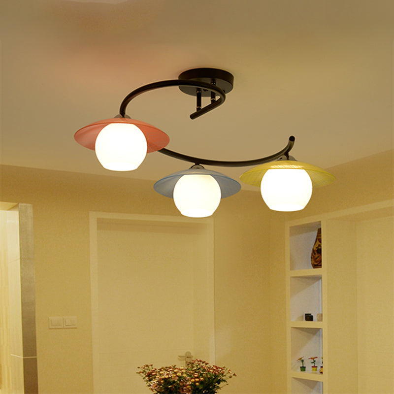 Saucer Semi Flush Light Modernist Red-Yellow-Blue Glass 3 Heads Black Spiral Flush Mount Lamp with Global Shade Clearhalo 'Ceiling Lights' 'Close To Ceiling Lights' 'Close to ceiling' 'Glass shade' 'Glass' 'Island Lights' 'Semi-flushmount' Lighting' 757129