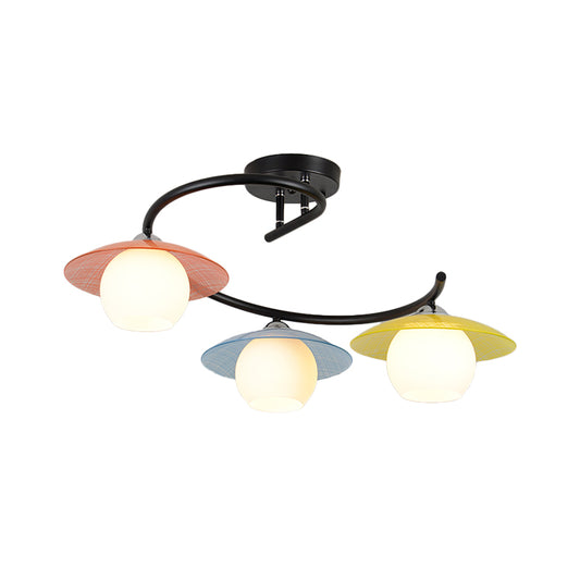 Saucer Semi Flush Light Modernist Red-Yellow-Blue Glass 3 Heads Black Spiral Flush Mount Lamp with Global Shade Clearhalo 'Ceiling Lights' 'Close To Ceiling Lights' 'Close to ceiling' 'Glass shade' 'Glass' 'Island Lights' 'Semi-flushmount' Lighting' 757130