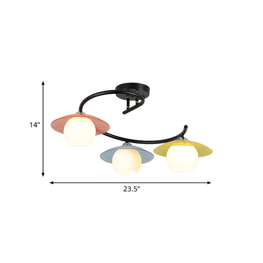 Saucer Semi Flush Light Modernist Red-Yellow-Blue Glass 3 Heads Black Spiral Flush Mount Lamp with Global Shade Clearhalo 'Ceiling Lights' 'Close To Ceiling Lights' 'Close to ceiling' 'Glass shade' 'Glass' 'Island Lights' 'Semi-flushmount' Lighting' 757131