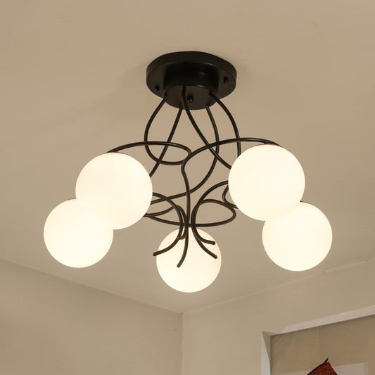 Iron Swirling Semi Flush Mount Modernism 5 Heads Black/White Finish Flush Ceiling Light with Globe Opal Glass Shade Black Clearhalo 'Ceiling Lights' 'Close To Ceiling Lights' 'Close to ceiling' 'Glass shade' 'Glass' 'Semi-flushmount' Lighting' 757144