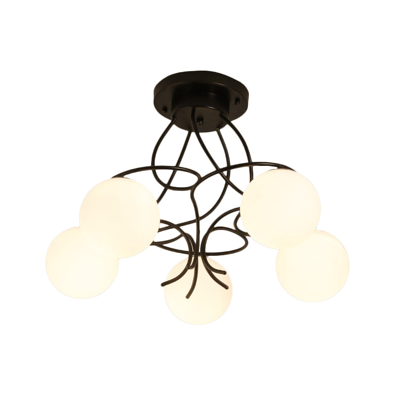 Iron Swirling Semi Flush Mount Modernism 5 Heads Black/White Finish Flush Ceiling Light with Globe Opal Glass Shade Clearhalo 'Ceiling Lights' 'Close To Ceiling Lights' 'Close to ceiling' 'Glass shade' 'Glass' 'Semi-flushmount' Lighting' 757145