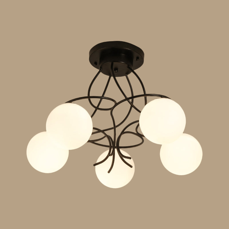 Iron Swirling Semi Flush Mount Modernism 5 Heads Black/White Finish Flush Ceiling Light with Globe Opal Glass Shade Clearhalo 'Ceiling Lights' 'Close To Ceiling Lights' 'Close to ceiling' 'Glass shade' 'Glass' 'Semi-flushmount' Lighting' 757146