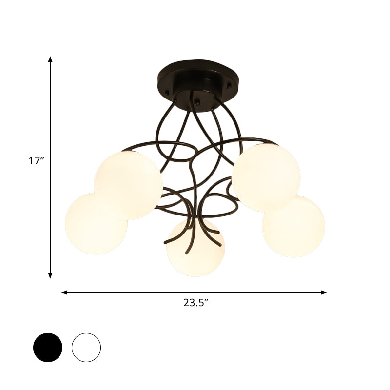 Iron Swirling Semi Flush Mount Modernism 5 Heads Black/White Finish Flush Ceiling Light with Globe Opal Glass Shade Clearhalo 'Ceiling Lights' 'Close To Ceiling Lights' 'Close to ceiling' 'Glass shade' 'Glass' 'Semi-flushmount' Lighting' 757147