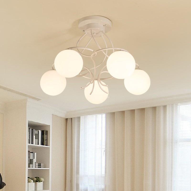 Iron Swirling Semi Flush Mount Modernism 5 Heads Black/White Finish Flush Ceiling Light with Globe Opal Glass Shade Clearhalo 'Ceiling Lights' 'Close To Ceiling Lights' 'Close to ceiling' 'Glass shade' 'Glass' 'Semi-flushmount' Lighting' 757149