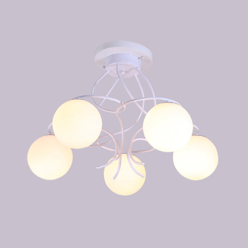 Iron Swirling Semi Flush Mount Modernism 5 Heads Black/White Finish Flush Ceiling Light with Globe Opal Glass Shade Clearhalo 'Ceiling Lights' 'Close To Ceiling Lights' 'Close to ceiling' 'Glass shade' 'Glass' 'Semi-flushmount' Lighting' 757151