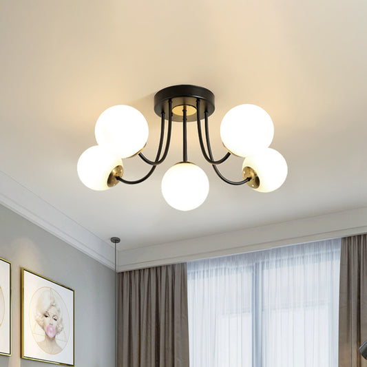 Spherical Semi Flush Ceiling Light Post Modern White Frosted/Amber Glass 5 Bulbs Bedroom Flush Mounted Lamp White Clearhalo 'Ceiling Lights' 'Close To Ceiling Lights' 'Close to ceiling' 'Glass shade' 'Glass' 'Semi-flushmount' Lighting' 757152
