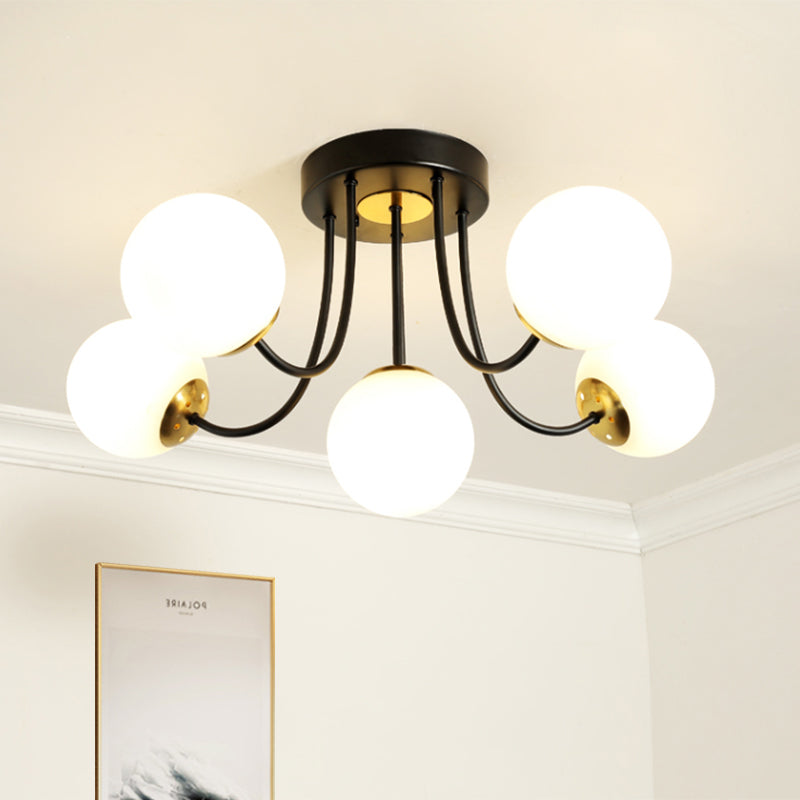 Spherical Semi Flush Ceiling Light Post Modern White Frosted/Amber Glass 5 Bulbs Bedroom Flush Mounted Lamp Clearhalo 'Ceiling Lights' 'Close To Ceiling Lights' 'Close to ceiling' 'Glass shade' 'Glass' 'Semi-flushmount' Lighting' 757153