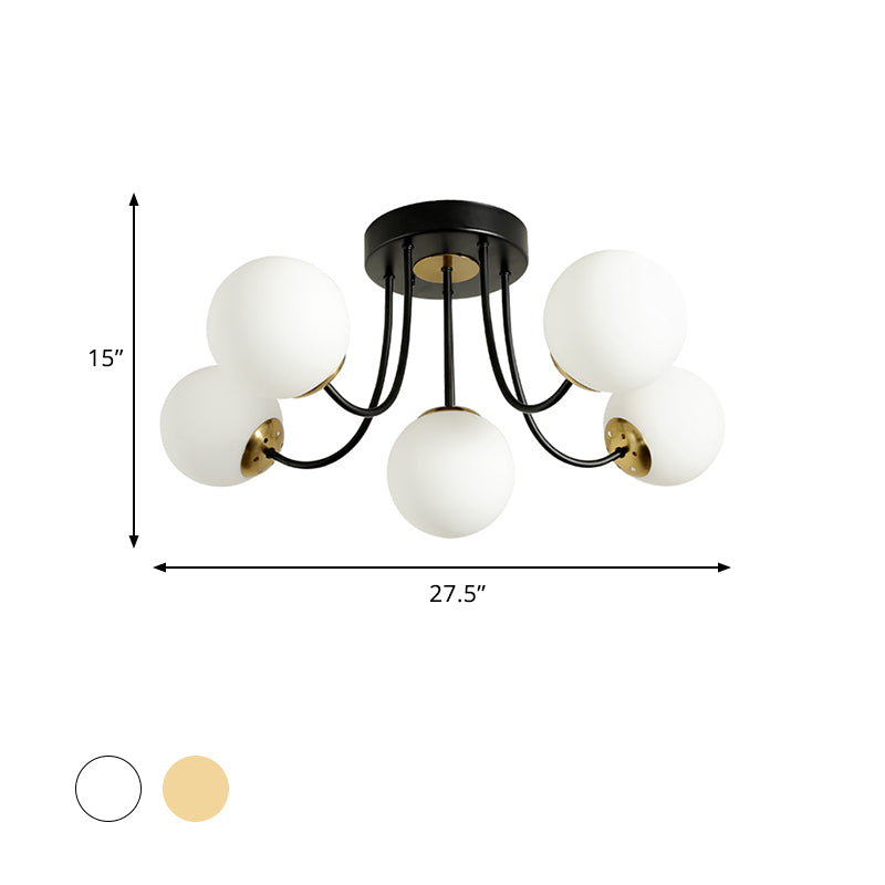 Spherical Semi Flush Ceiling Light Post Modern White Frosted/Amber Glass 5 Bulbs Bedroom Flush Mounted Lamp Clearhalo 'Ceiling Lights' 'Close To Ceiling Lights' 'Close to ceiling' 'Glass shade' 'Glass' 'Semi-flushmount' Lighting' 757155