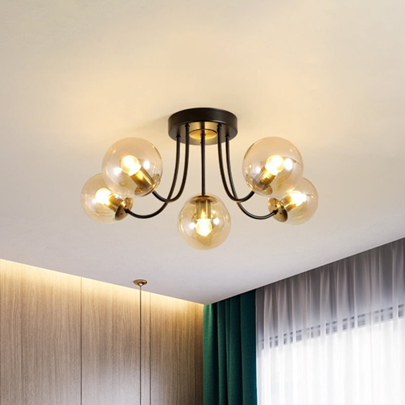 Spherical Semi Flush Ceiling Light Post Modern White Frosted/Amber Glass 5 Bulbs Bedroom Flush Mounted Lamp Amber Clearhalo 'Ceiling Lights' 'Close To Ceiling Lights' 'Close to ceiling' 'Glass shade' 'Glass' 'Semi-flushmount' Lighting' 757156