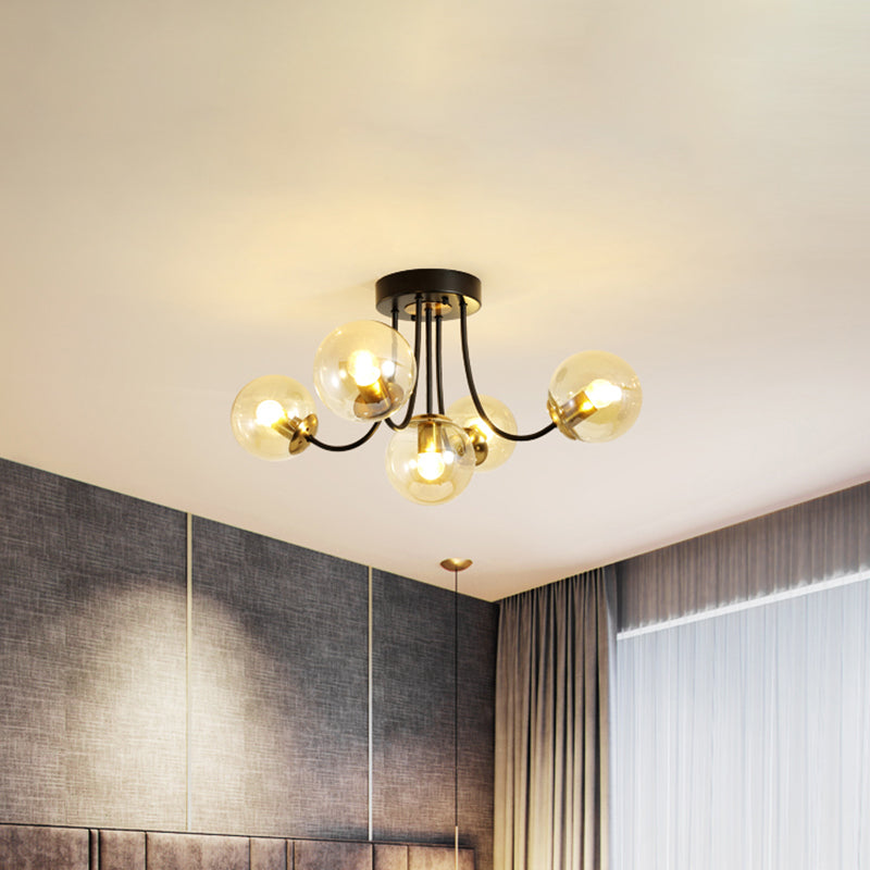 Spherical Semi Flush Ceiling Light Post Modern White Frosted/Amber Glass 5 Bulbs Bedroom Flush Mounted Lamp Clearhalo 'Ceiling Lights' 'Close To Ceiling Lights' 'Close to ceiling' 'Glass shade' 'Glass' 'Semi-flushmount' Lighting' 757157