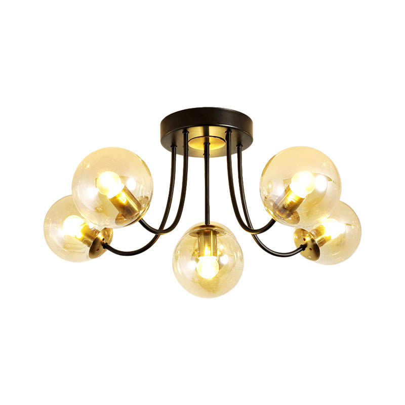 Spherical Semi Flush Ceiling Light Post Modern White Frosted/Amber Glass 5 Bulbs Bedroom Flush Mounted Lamp Clearhalo 'Ceiling Lights' 'Close To Ceiling Lights' 'Close to ceiling' 'Glass shade' 'Glass' 'Semi-flushmount' Lighting' 757158