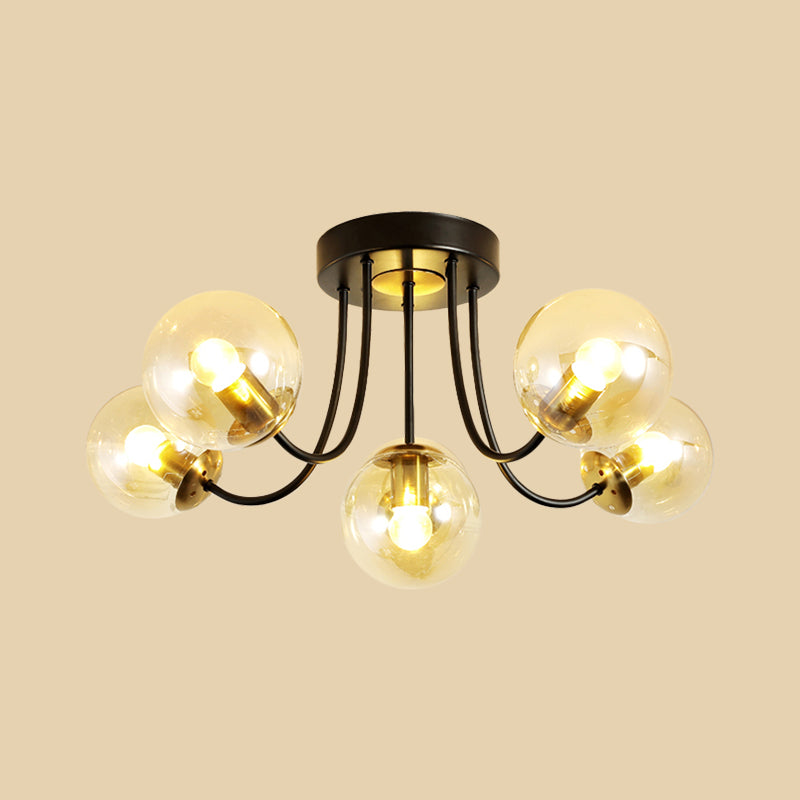 Spherical Semi Flush Ceiling Light Post Modern White Frosted/Amber Glass 5 Bulbs Bedroom Flush Mounted Lamp Clearhalo 'Ceiling Lights' 'Close To Ceiling Lights' 'Close to ceiling' 'Glass shade' 'Glass' 'Semi-flushmount' Lighting' 757159