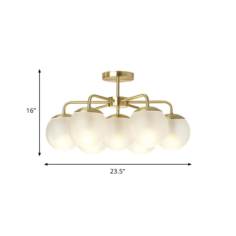 7-Head Bedroom Semi Flush Postmodern Brass Finish Radial Close to Ceiling Lamp with Ball Foggy Glass Shade Clearhalo 'Ceiling Lights' 'Close To Ceiling Lights' 'Close to ceiling' 'Glass shade' 'Glass' 'Semi-flushmount' Lighting' 757163