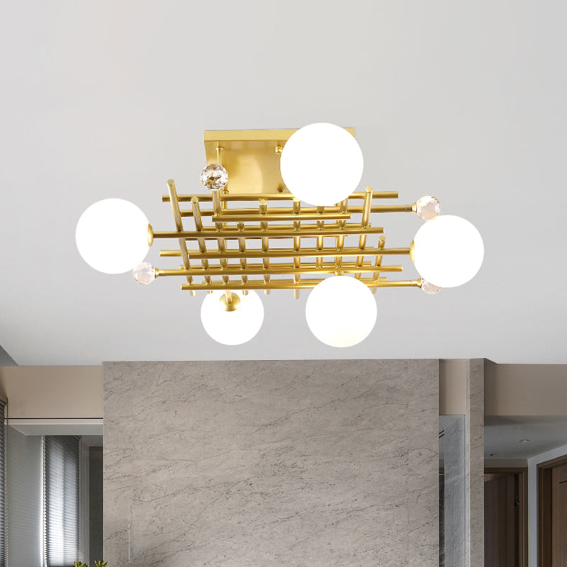 Crossing Linear Semi Flush Light Designer Metallic 5 Lights Brass Flush Mount Ceiling Lamp with Crystal Ball Deco Clearhalo 'Ceiling Lights' 'Close To Ceiling Lights' 'Close to ceiling' 'Glass shade' 'Glass' 'Semi-flushmount' Lighting' 757169