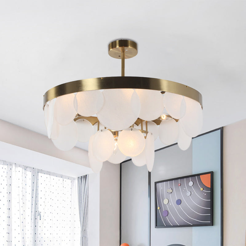 Post-Modern Circle Panel Semi Flushmount White Glass 6 Bulbs Bedroom Ceiling Flush Mount in Brass with Ring Design Clearhalo 'Ceiling Lights' 'Close To Ceiling Lights' 'Close to ceiling' 'Glass shade' 'Glass' 'Pendant Lights' 'Semi-flushmount' Lighting' 757173