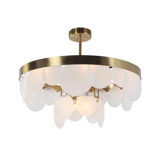 Post-Modern Circle Panel Semi Flushmount White Glass 6 Bulbs Bedroom Ceiling Flush Mount in Brass with Ring Design Clearhalo 'Ceiling Lights' 'Close To Ceiling Lights' 'Close to ceiling' 'Glass shade' 'Glass' 'Pendant Lights' 'Semi-flushmount' Lighting' 757174