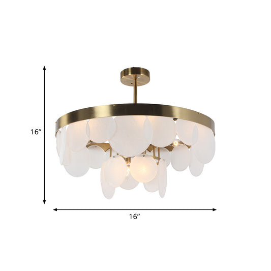 Post-Modern Circle Panel Semi Flushmount White Glass 6 Bulbs Bedroom Ceiling Flush Mount in Brass with Ring Design Clearhalo 'Ceiling Lights' 'Close To Ceiling Lights' 'Close to ceiling' 'Glass shade' 'Glass' 'Pendant Lights' 'Semi-flushmount' Lighting' 757175