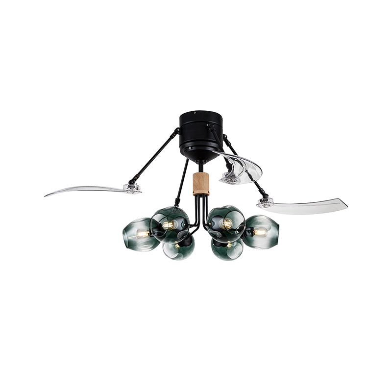 48" W Bud Ceiling Fan Light Modernist Green Dimpled Glass 6 Lights Black Semi Flush Mount Lamp with 3 Clear Blades Clearhalo 'Ceiling Fans with Lights' 'Ceiling Fans' 'Modern Ceiling Fans' 'Modern' Lighting' 757178