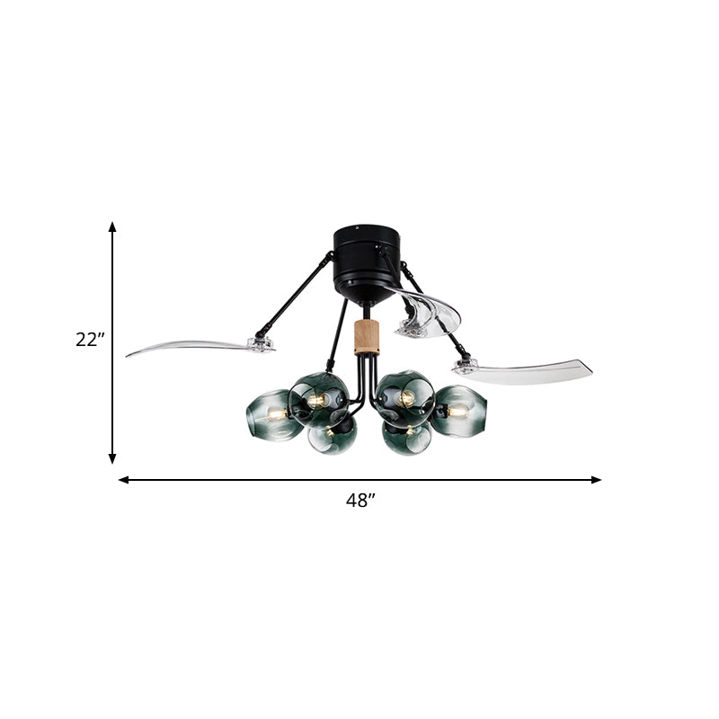 48" W Bud Ceiling Fan Light Modernist Green Dimpled Glass 6 Lights Black Semi Flush Mount Lamp with 3 Clear Blades Clearhalo 'Ceiling Fans with Lights' 'Ceiling Fans' 'Modern Ceiling Fans' 'Modern' Lighting' 757179