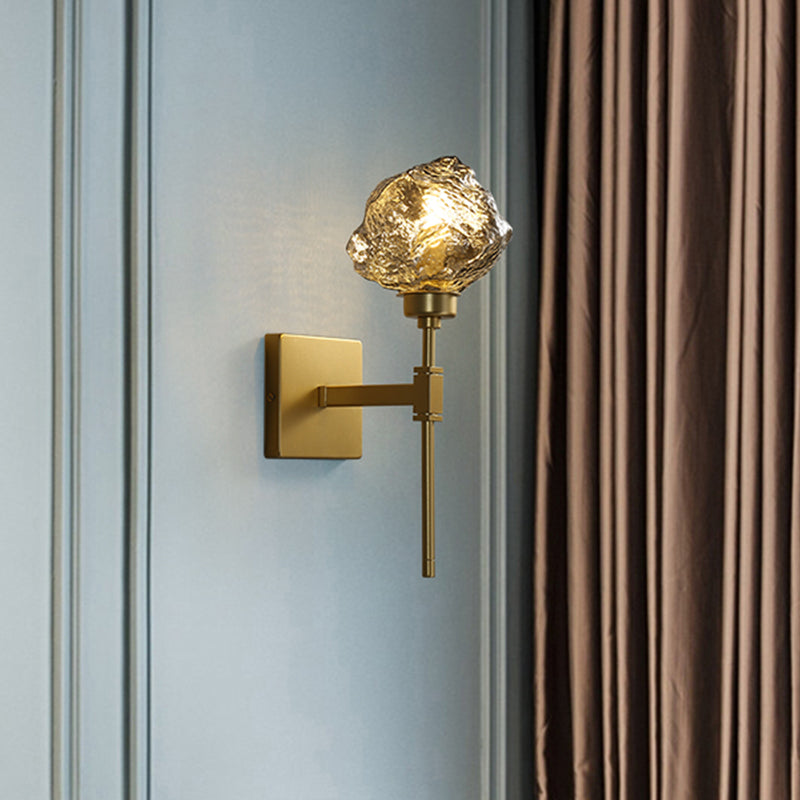 Brass Ice Block Wall Light Sconce Post Modern 1 Head Amber/Smoke Gray Glass Wall Mounted Lamp for Living Room Smoke Gray Clearhalo 'Cast Iron' 'Glass' 'Industrial' 'Modern wall lights' 'Modern' 'Tiffany' 'Traditional wall lights' 'Wall Lamps & Sconces' 'Wall Lights' Lighting' 757188