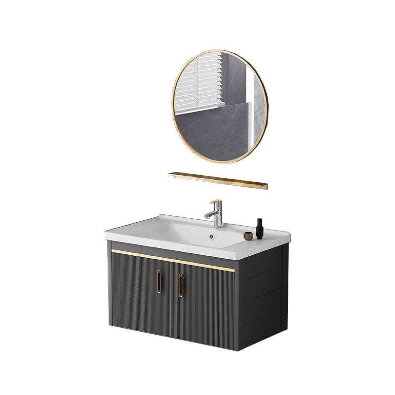 Glam Single-Sink Bathroom Vanity Dark Black Ceramic Rectangular Vanity Set Vanity & Faucet & Mirrors 28"L x 19"W x 16"H Ceramic Clearhalo 'Bathroom Remodel & Bathroom Fixtures' 'Bathroom Vanities' 'bathroom_vanities' 'Home Improvement' 'home_improvement' 'home_improvement_bathroom_vanities' 7572979
