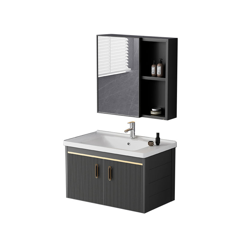 Glam Single-Sink Bathroom Vanity Dark Black Ceramic Rectangular Vanity Set Vanity & Faucet & Mirror Cabinet 28"L x 19"W x 16"H Ceramic Clearhalo 'Bathroom Remodel & Bathroom Fixtures' 'Bathroom Vanities' 'bathroom_vanities' 'Home Improvement' 'home_improvement' 'home_improvement_bathroom_vanities' 7572991