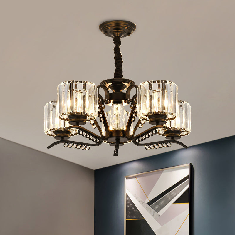 3/5 Heads Ceiling Chandelier Modernism Living Room Suspension Light with Cylinder Crystal Shade in Black 5 Black Clearhalo 'Ceiling Lights' 'Chandeliers' 'Modern Chandeliers' 'Modern' Lighting' 757662
