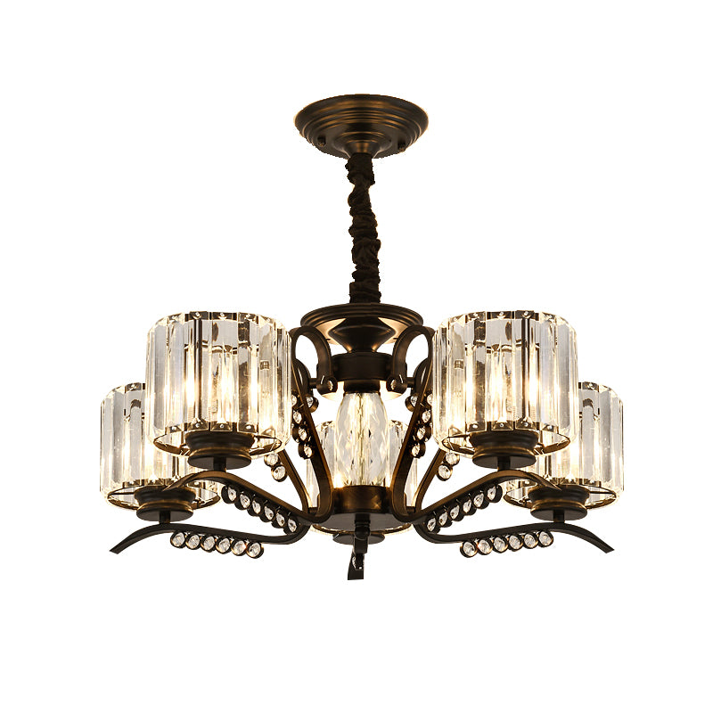3/5 Heads Ceiling Chandelier Modernism Living Room Suspension Light with Cylinder Crystal Shade in Black Clearhalo 'Ceiling Lights' 'Chandeliers' 'Modern Chandeliers' 'Modern' Lighting' 757663
