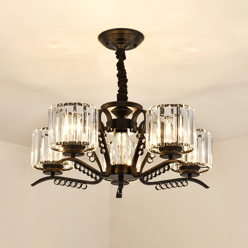 3/5 Heads Ceiling Chandelier Modernism Living Room Suspension Light with Cylinder Crystal Shade in Black Clearhalo 'Ceiling Lights' 'Chandeliers' 'Modern Chandeliers' 'Modern' Lighting' 757664