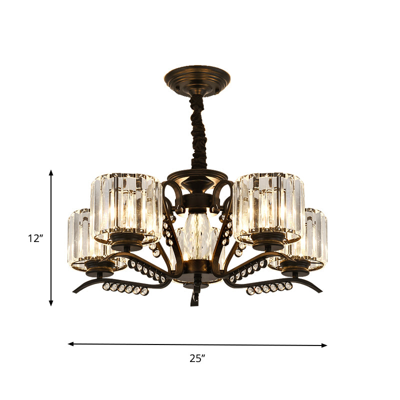 3/5 Heads Ceiling Chandelier Modernism Living Room Suspension Light with Cylinder Crystal Shade in Black Clearhalo 'Ceiling Lights' 'Chandeliers' 'Modern Chandeliers' 'Modern' Lighting' 757665